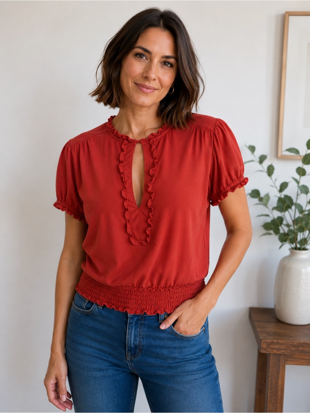 Arden B. Ruffle Keyhole Top | Terracotta | Size M